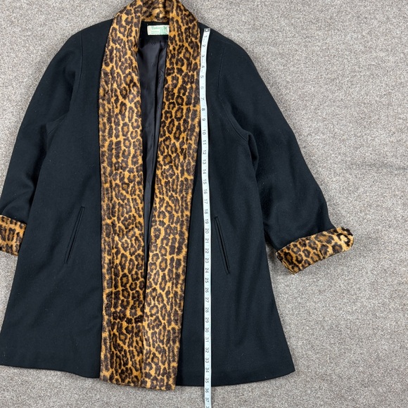 Vintage Black Open Front Wool Coat Leopard Fur Trim Women’s XL Mid Length Retro - Picture 9 of 16